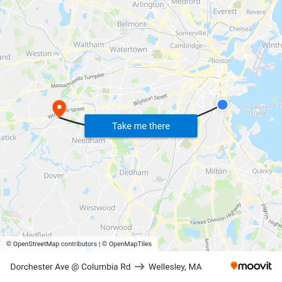 Dorchester Ave @ Columbia Rd to Wellesley, MA map