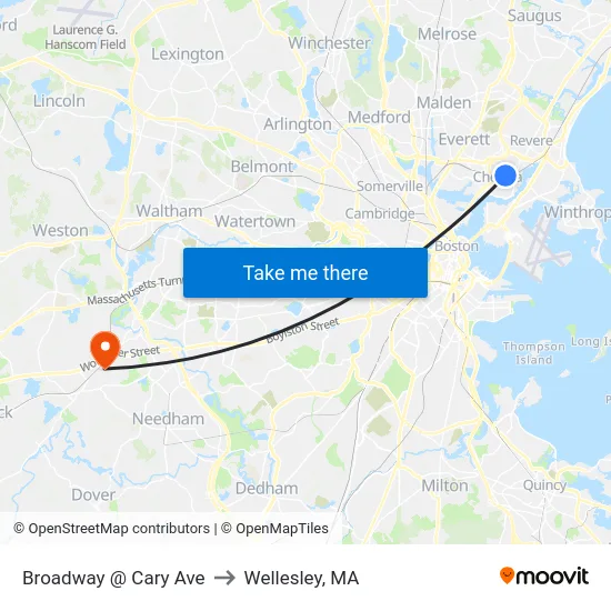 Broadway @ Cary Ave to Wellesley, MA map