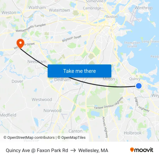 Quincy Ave @ Faxon Park Rd to Wellesley, MA map