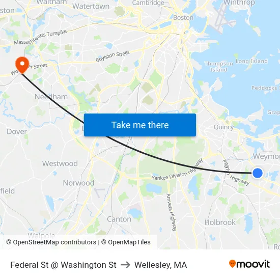 Federal St @ Washington St to Wellesley, MA map