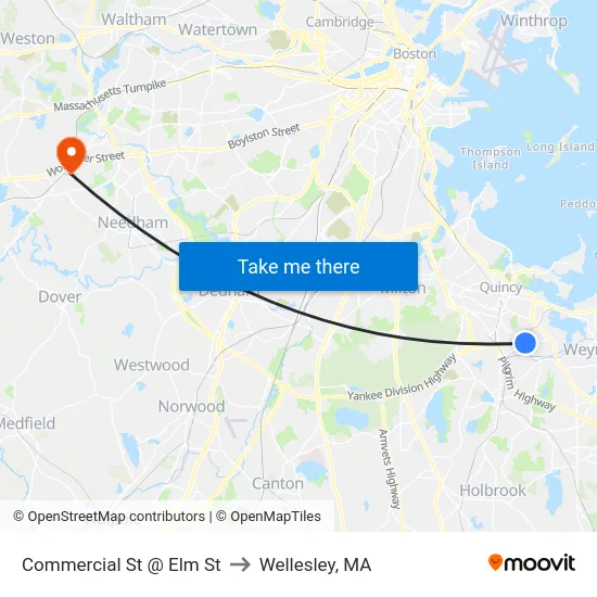 Commercial St @ Elm St to Wellesley, MA map