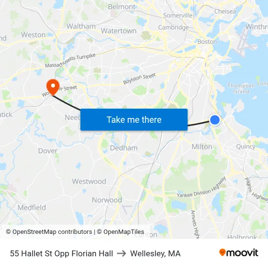 55 Hallet St Opp Florian Hall to Wellesley, MA map