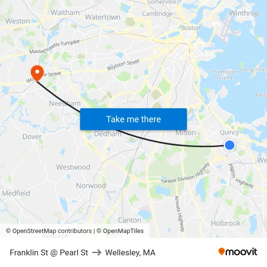 Franklin St @ Pearl St to Wellesley, MA map