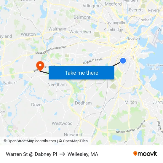 Warren St @ Dabney Pl to Wellesley, MA map