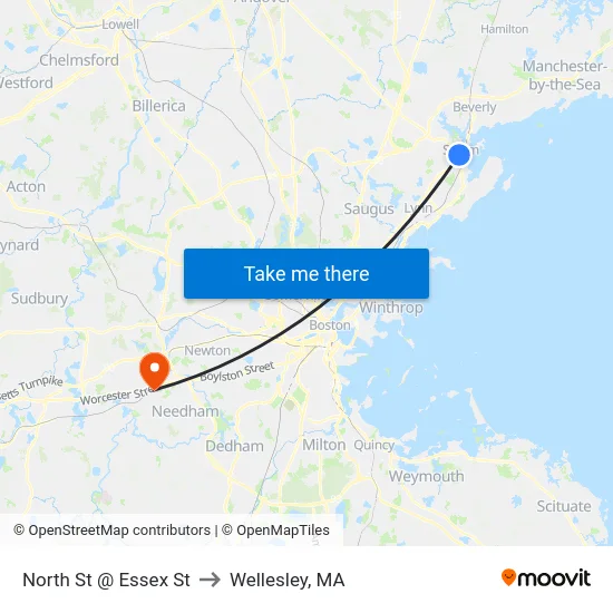 North St @ Essex St to Wellesley, MA map
