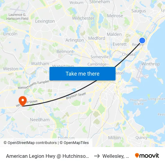 American Legion Hwy @ Hutchinson St to Wellesley, MA map