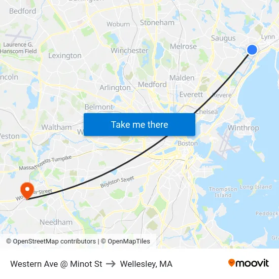 Western Ave @ Minot St to Wellesley, MA map