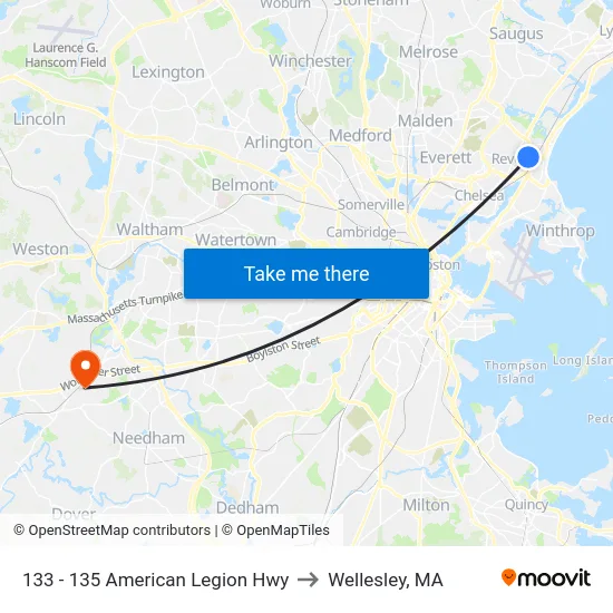 133 - 135 American Legion Hwy to Wellesley, MA map