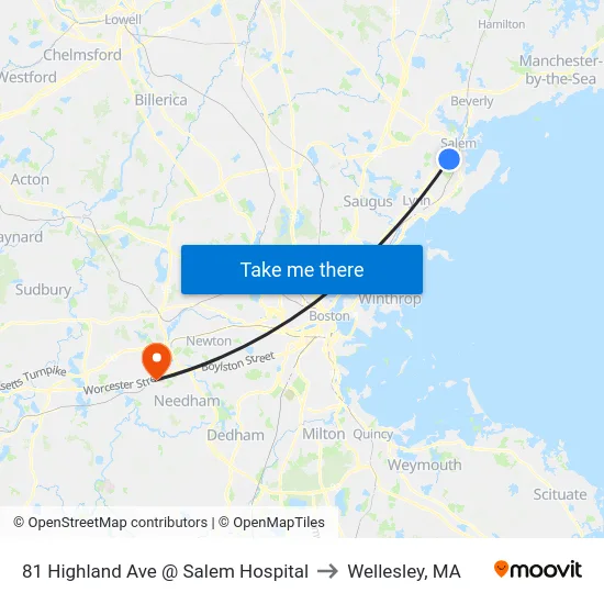 81 Highland Ave @ Salem Hospital to Wellesley, MA map