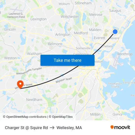 Charger St @ Squire Rd to Wellesley, MA map