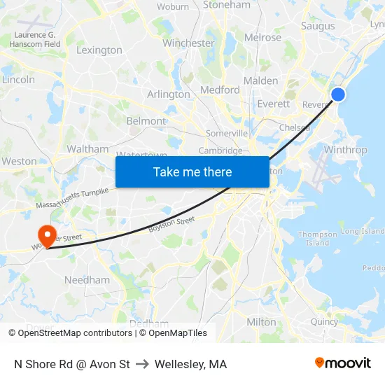 N Shore Rd @ Avon St to Wellesley, MA map