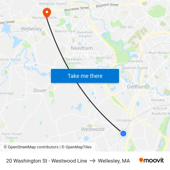 20 Washington St - Westwood Line to Wellesley, MA map