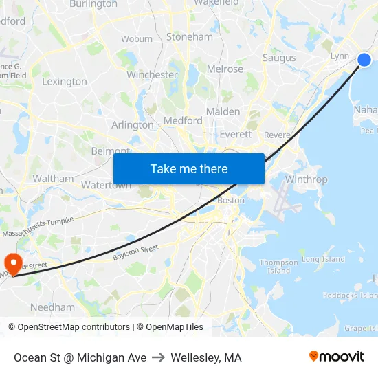 Ocean St @ Michigan Ave to Wellesley, MA map