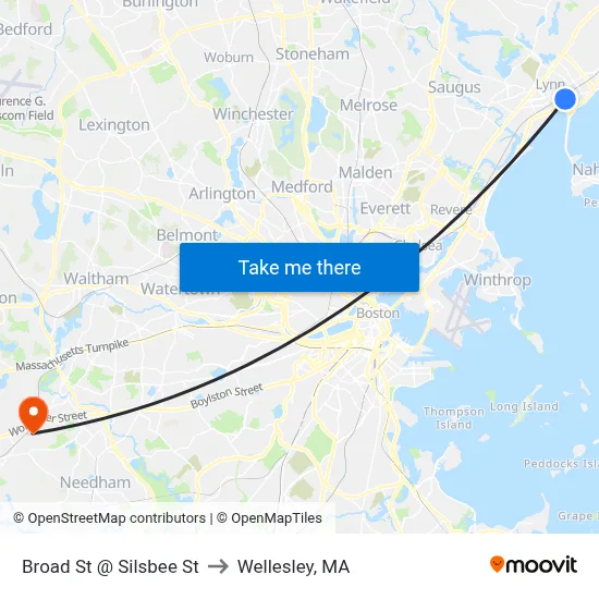Broad St @ Silsbee St to Wellesley, MA map