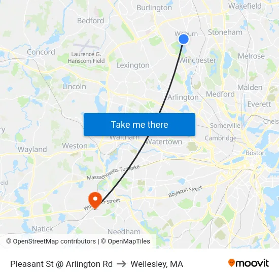 Pleasant St @ Arlington Rd to Wellesley, MA map