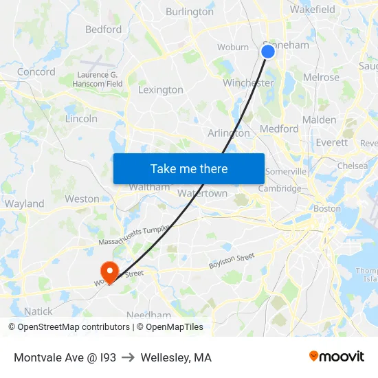 Montvale Ave @ I93 to Wellesley, MA map