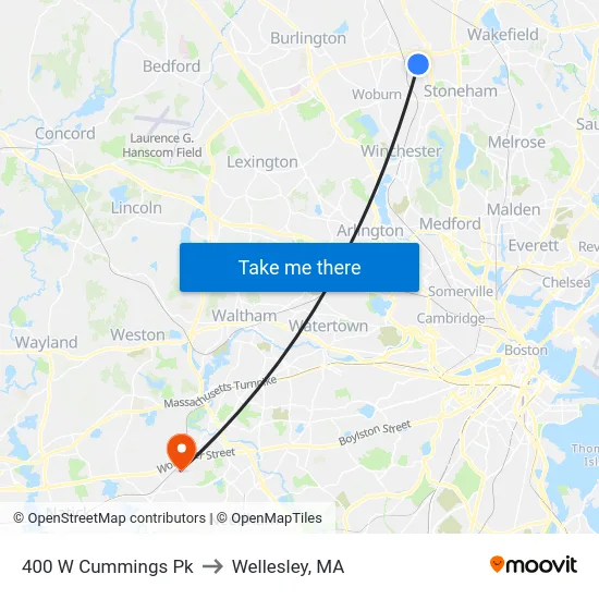 400 W Cummings Pk to Wellesley, MA map