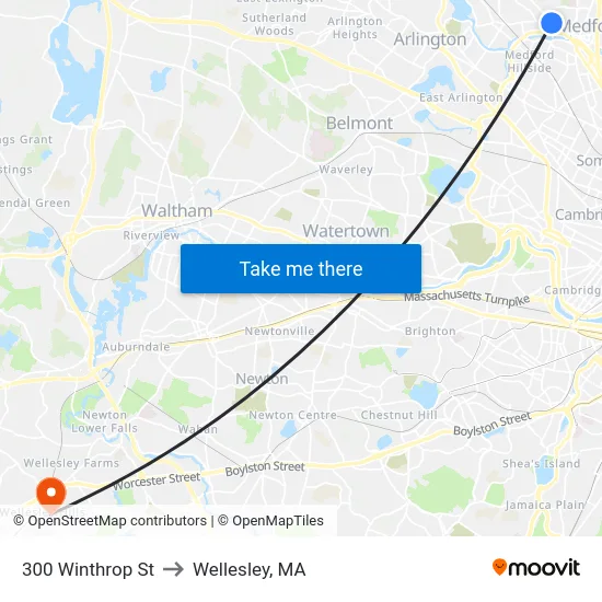 300 Winthrop St to Wellesley, MA map