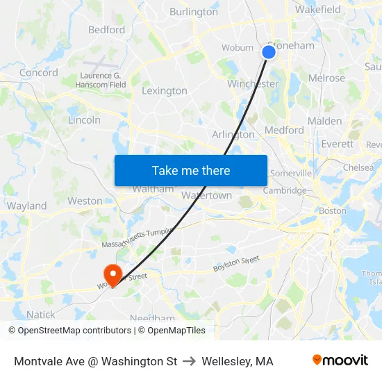 Montvale Ave @ Washington St to Wellesley, MA map