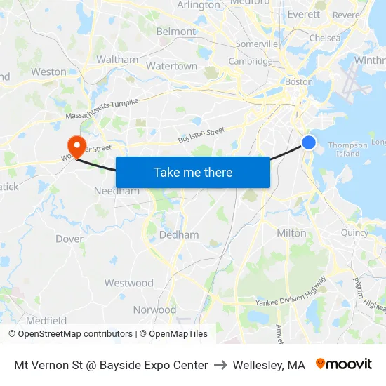 Mt Vernon St @ Bayside Expo Center to Wellesley, MA map