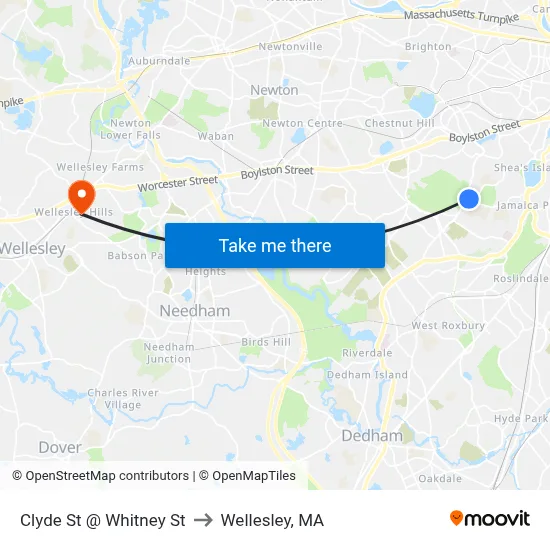 Clyde St @ Whitney St to Wellesley, MA map
