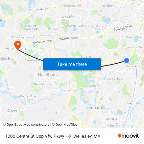 1200 Centre St Opp Vfw Pkwy to Wellesley, MA map