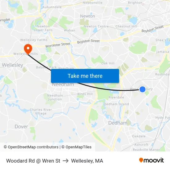 Woodard Rd @ Wren St to Wellesley, MA map
