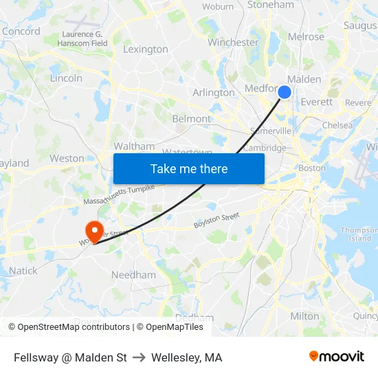 Fellsway @ Malden St to Wellesley, MA map