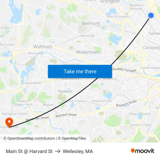 Main St @ Harvard St to Wellesley, MA map