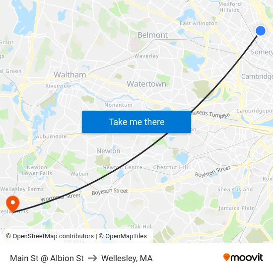 Main St @ Albion St to Wellesley, MA map