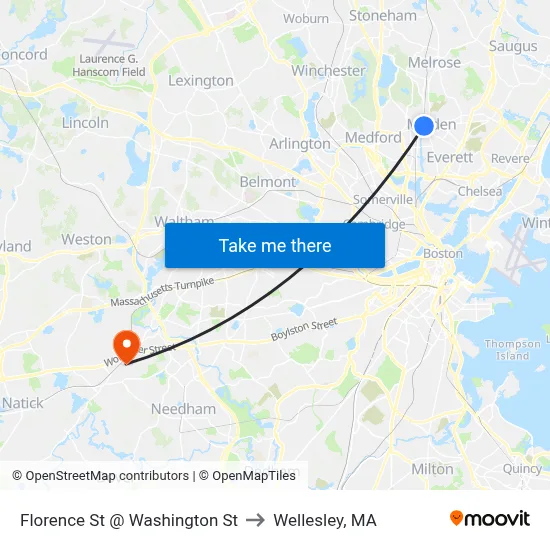 Florence St @ Washington St to Wellesley, MA map