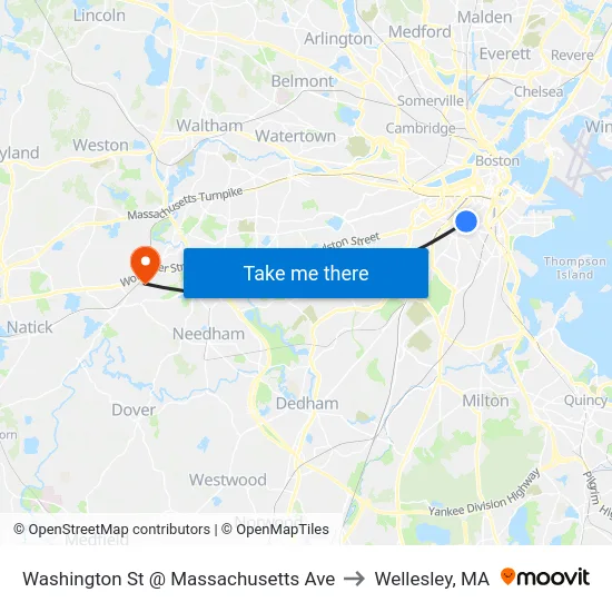Washington St @ Massachusetts Ave to Wellesley, MA map