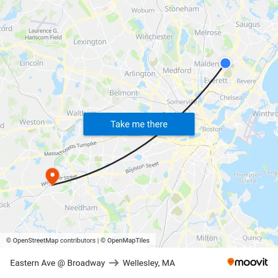 Eastern Ave @ Broadway to Wellesley, MA map