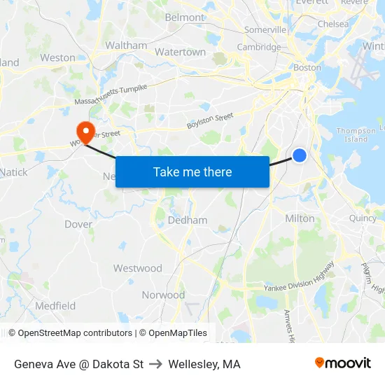 Geneva Ave @ Dakota St to Wellesley, MA map