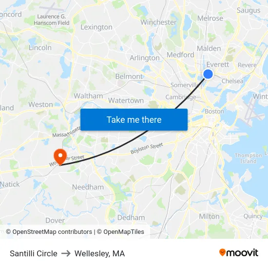 Santilli Circle to Wellesley, MA map