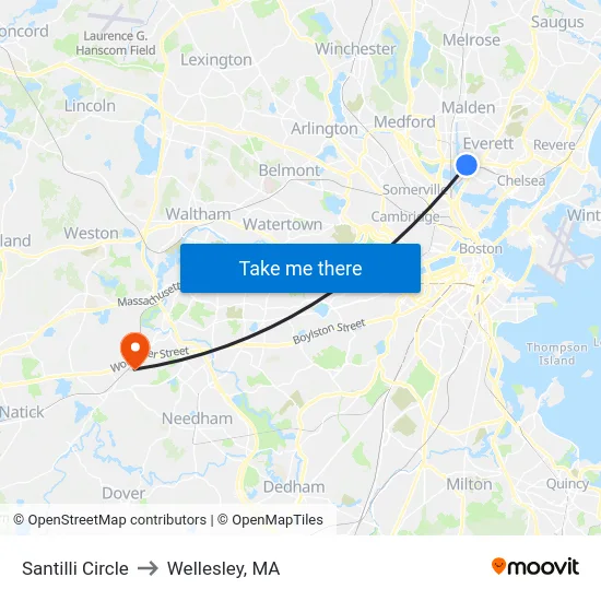 Santilli Circle to Wellesley, MA map