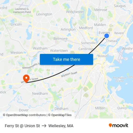 Ferry St @ Union St to Wellesley, MA map