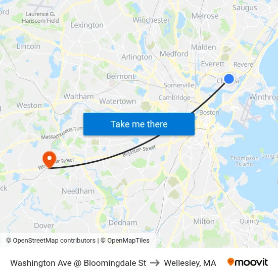 Washington Ave @ Bloomingdale St to Wellesley, MA map