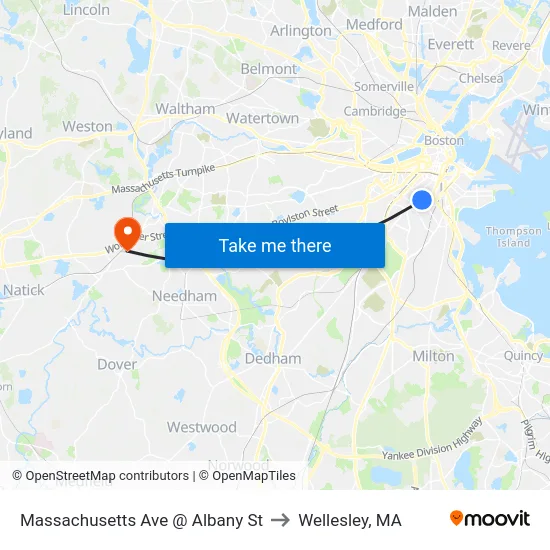 Massachusetts Ave @ Albany St to Wellesley, MA map
