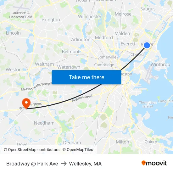 Broadway @ Park Ave to Wellesley, MA map