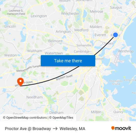 Proctor Ave @ Broadway to Wellesley, MA map