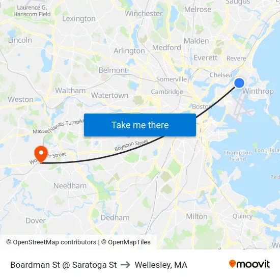 Boardman St @ Saratoga St to Wellesley, MA map