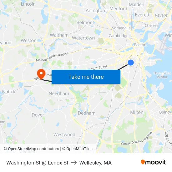 Washington St @ Lenox St to Wellesley, MA map