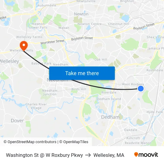 Washington St @ W Roxbury Pkwy to Wellesley, MA map