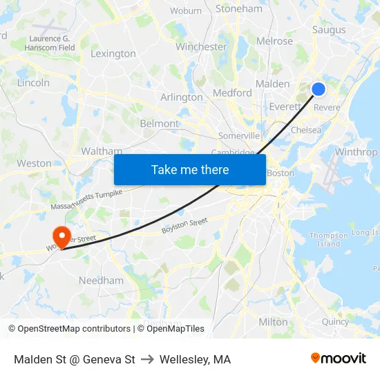 Malden St @ Geneva St to Wellesley, MA map