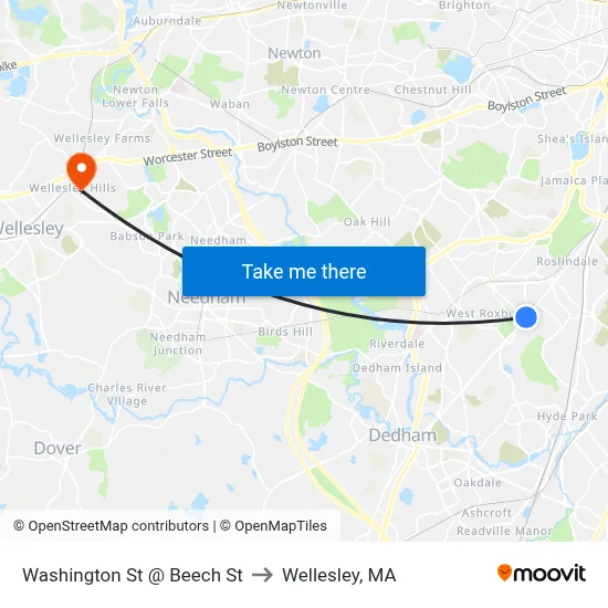 Washington St @ Beech St to Wellesley, MA map