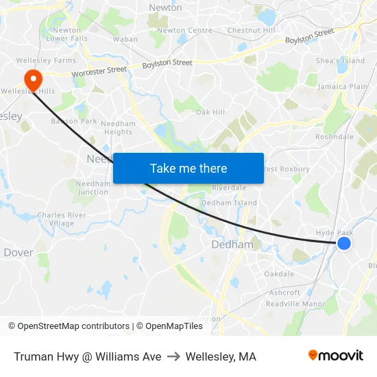 Truman Hwy @ Williams Ave to Wellesley, MA map