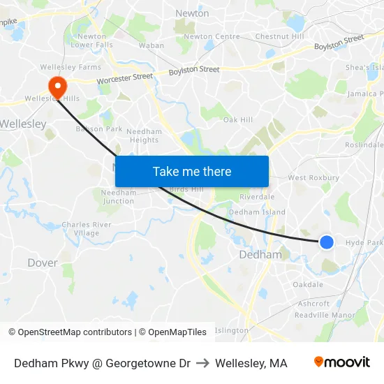 Dedham Pkwy @ Georgetowne Dr to Wellesley, MA map