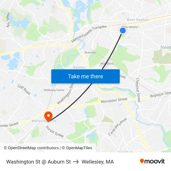 Washington St @ Auburn St to Wellesley, MA map