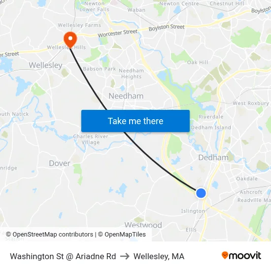 Washington St @ Ariadne Rd to Wellesley, MA map